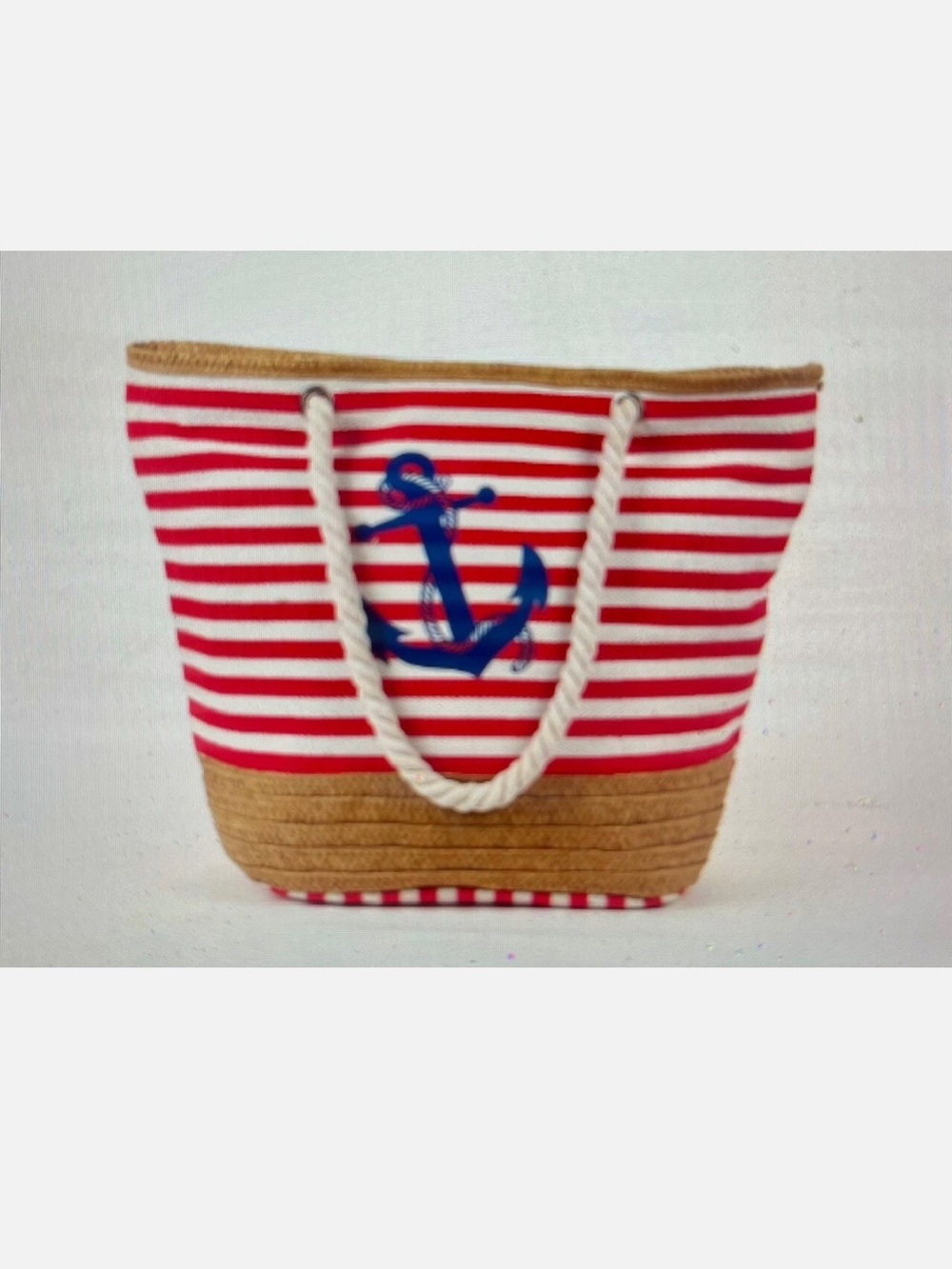 Beach Smile Beach Bag Anchor Design Rope Handle Red or Khaki Stripped Solid Blue